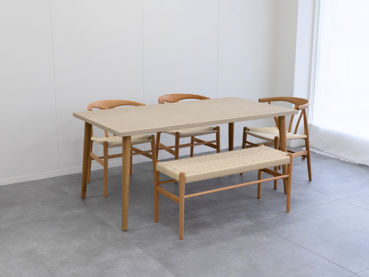 モールテックス ダイニングテーブル Cafe latte(ベージュ) T5 幅160 × 奥85cm リボーンチェア(ビーチ材・オーク材)・ベンチ(ビーチ材)