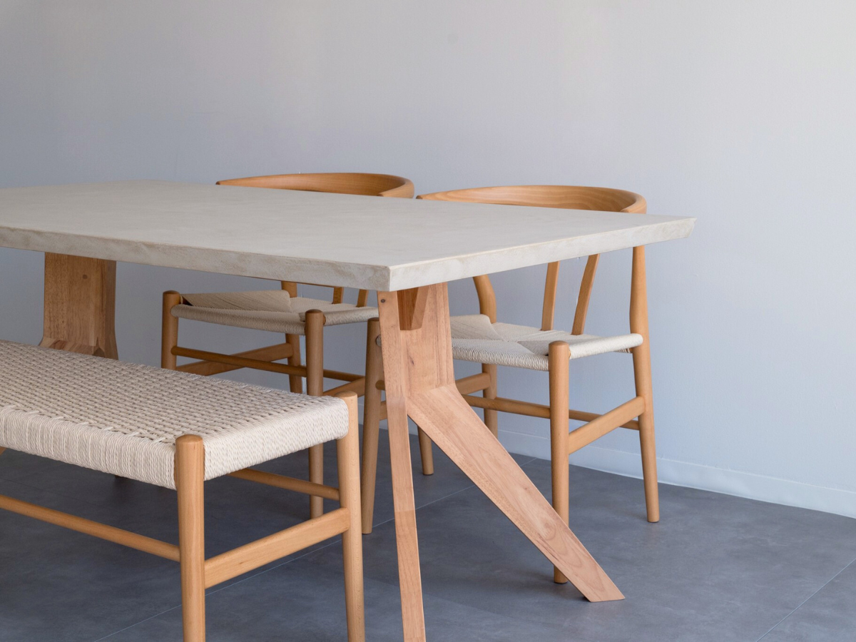 モールテックス ダイニングテーブル Cafe latte(ベージュ) T9 幅150 x 奥90cm リボーンチェア(ビーチ材)・ベンチ(ビーチ材)