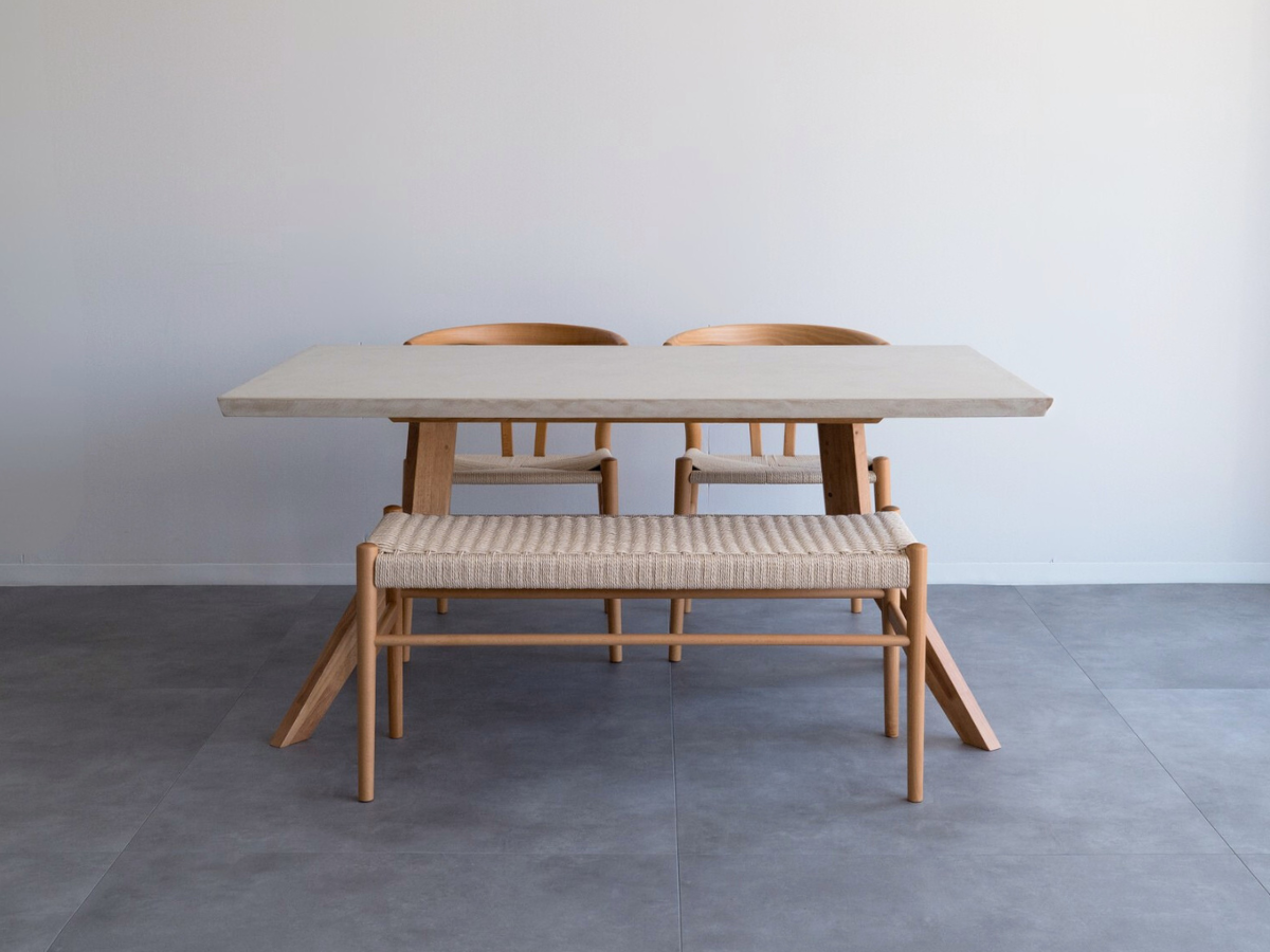 モールテックス ダイニングテーブル Cafe latte(ベージュ) T9 幅150 x 奥90cm リボーンチェア(ビーチ材)・ベンチ(ビーチ材)