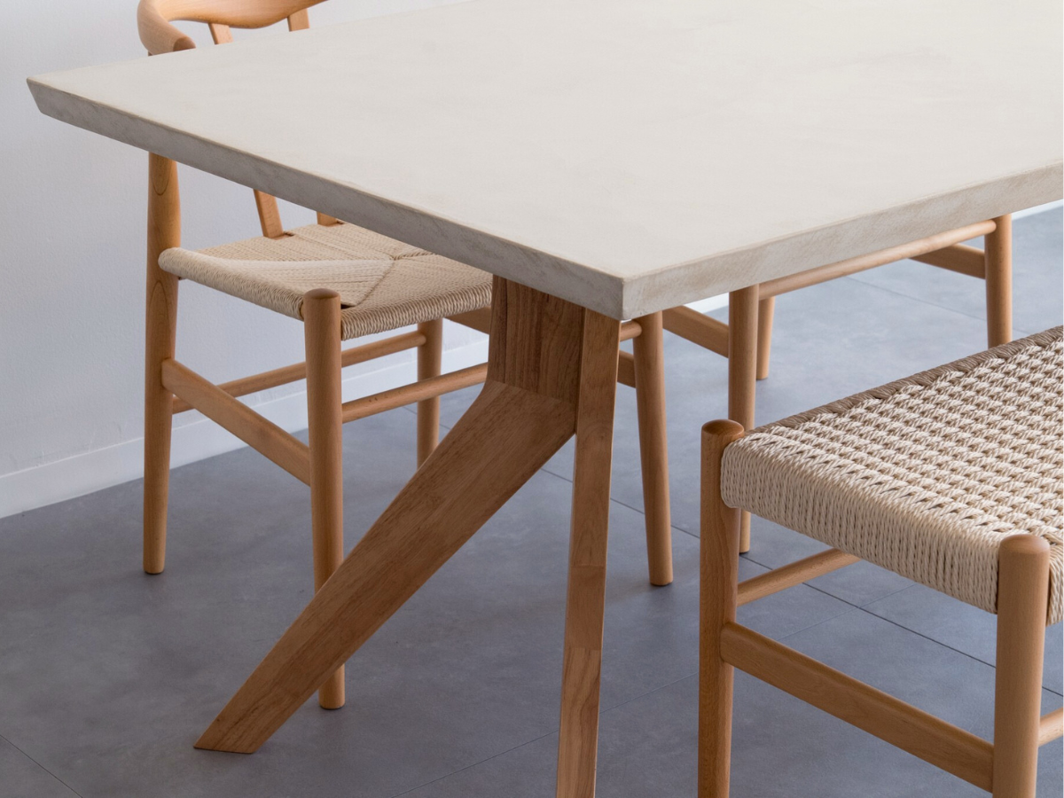 モールテックス ダイニングテーブル　Cafe latte(ベージュ) T9 幅150 x 奥90cm　リボーンチェア(ビーチ材)・ベンチ(ビーチ材)