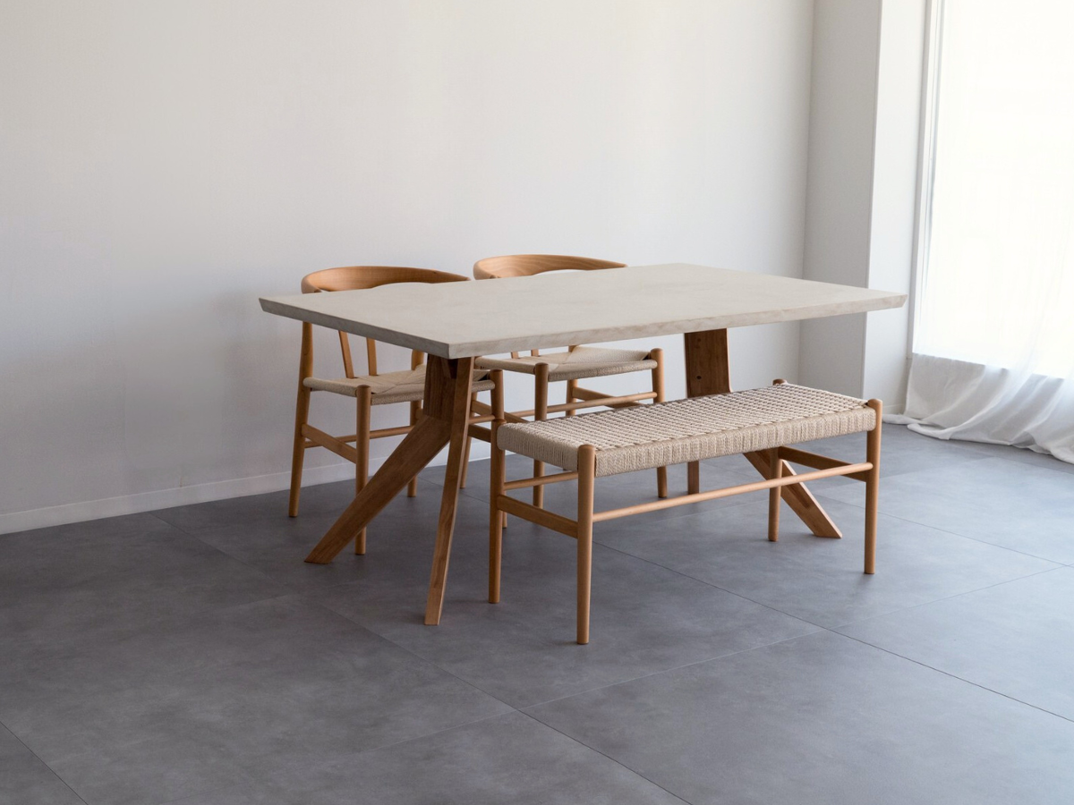 モールテックス ダイニングテーブル　Cafe latte(ベージュ) T9 幅150 x 奥90cm　リボーンチェア(ビーチ材)・ベンチ(ビーチ材)